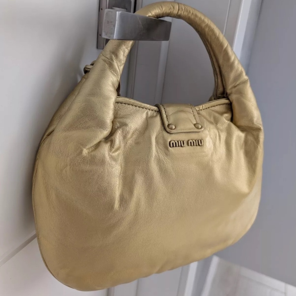 Auth MUI MUI Elegant Gold Y2K mini hobo leather Women's Handbag RARE vintage - Picture 11 of 14